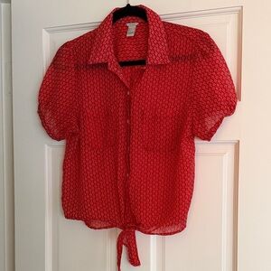 Forever 21 Red Patterned Sheer Button-Down Shirt